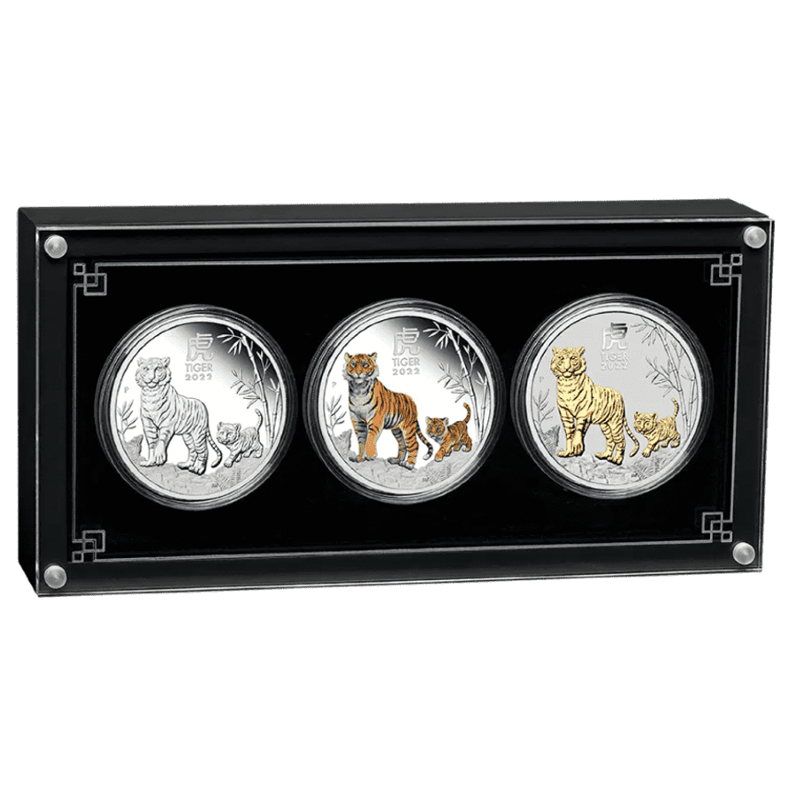 Picture of 2022 Lunar Year of the Tiger 3 Silver Proof Coin Set in presentation case