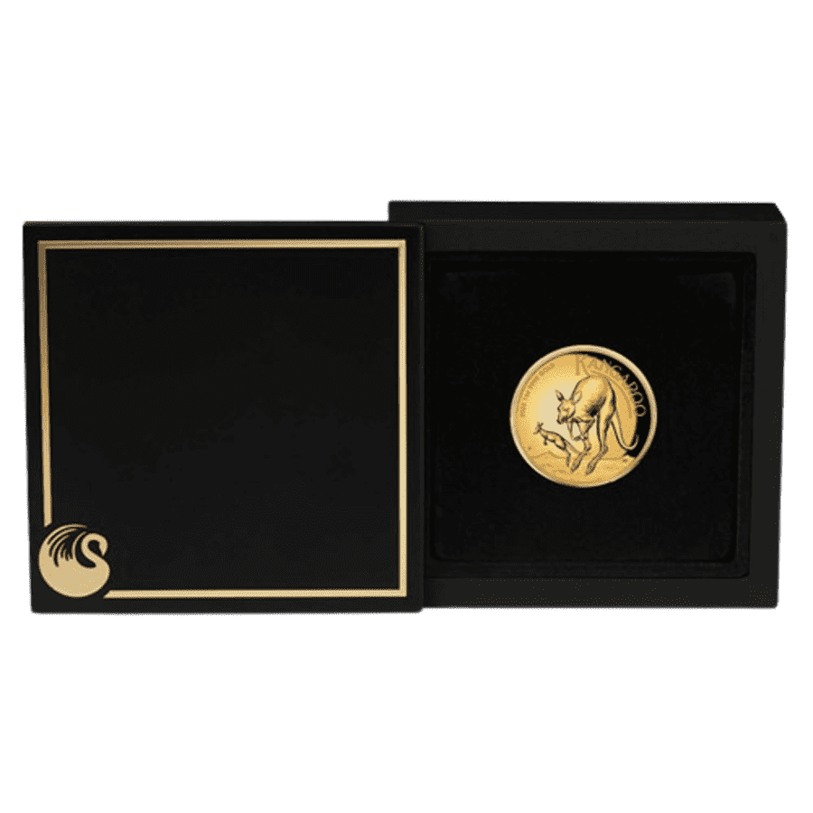 Picture of 2022 1oz Australian Kangaroo Gold High Relief Proof Coin in presentation box