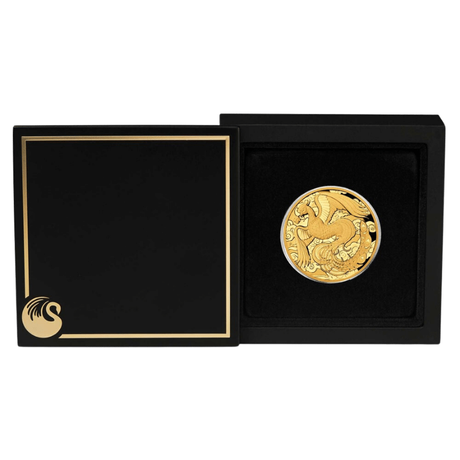 Picture of 2022 2oz Myths and Legends Phoenix High Relief Proof Gold Coin in presentation box